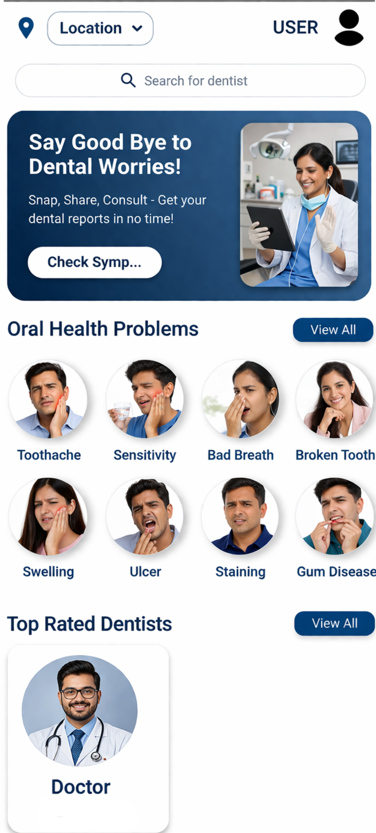 1dentist app home dashboard — book dentist, video consult, AI screening