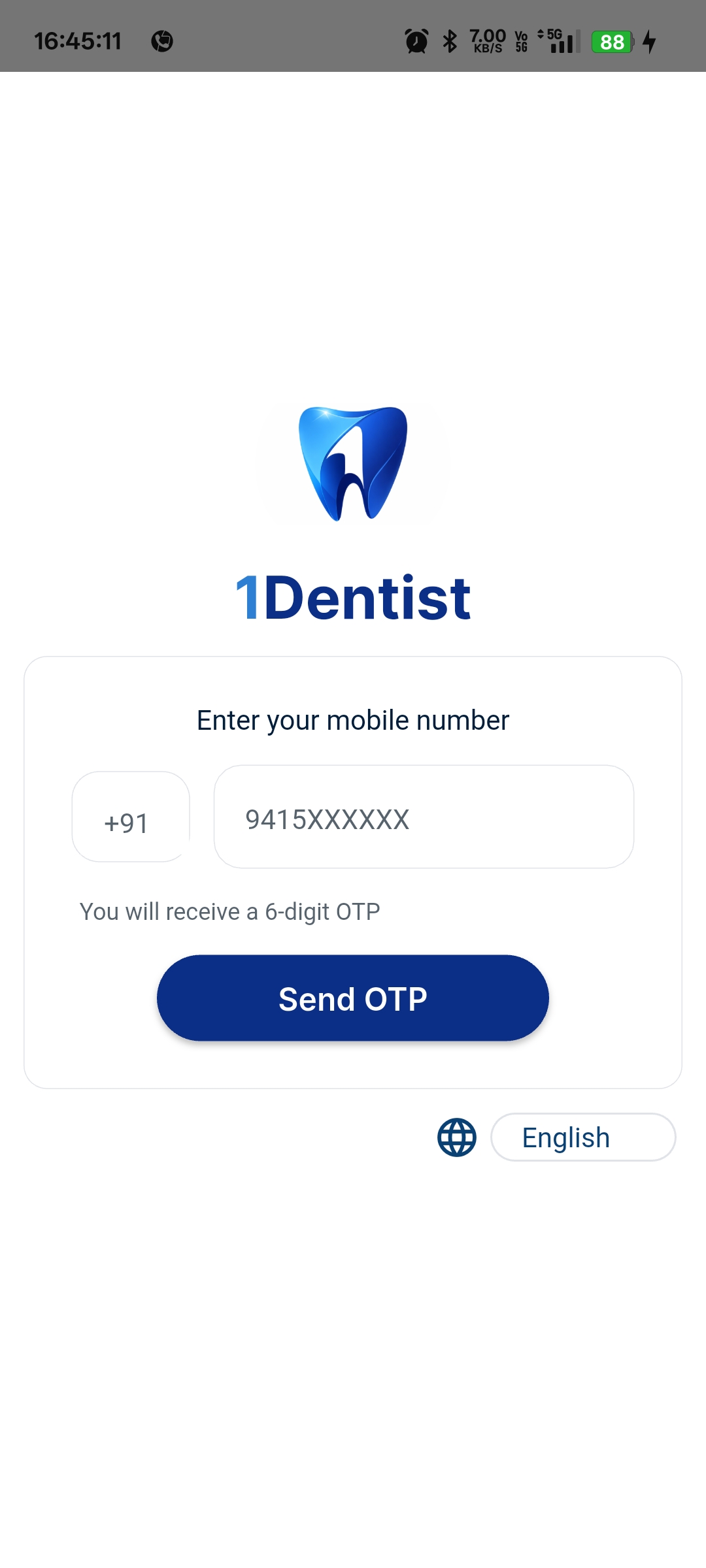 1dentist app login screen — sign up with mobile number